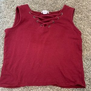 Maroon tank top with crossover strings